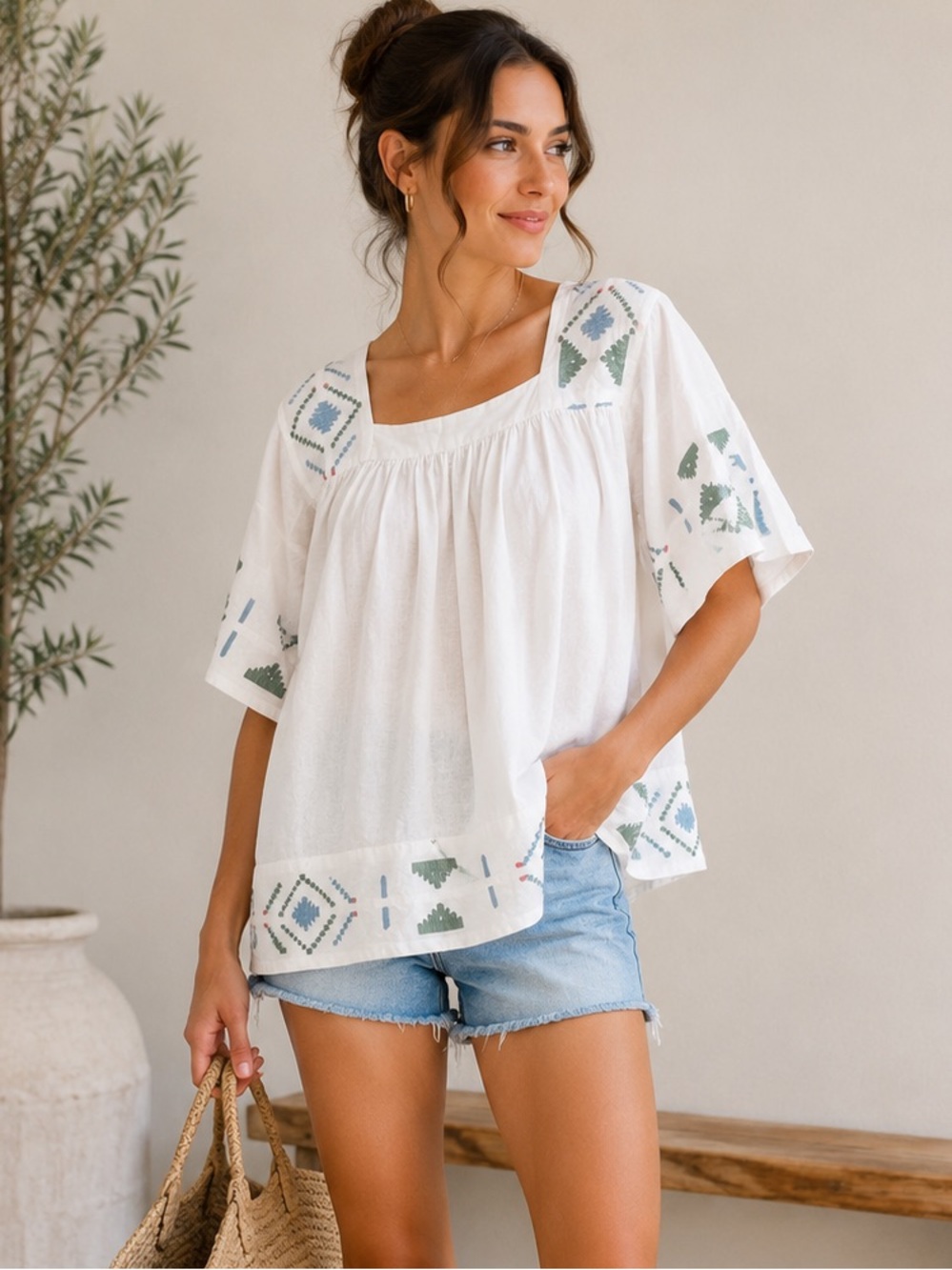 MIRTH Handmade Edition White Embroidered Cotton Tunic Top S Boho Tie Back India